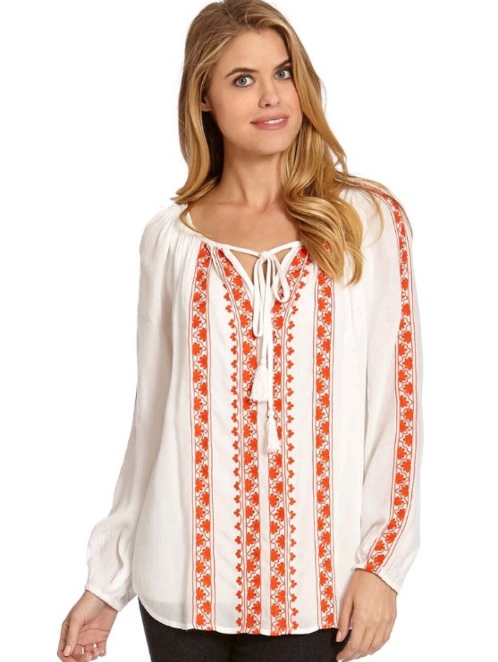 Karen Kane Embroidered Tunic Top Round Neck w/ Ties Size M White/Orange